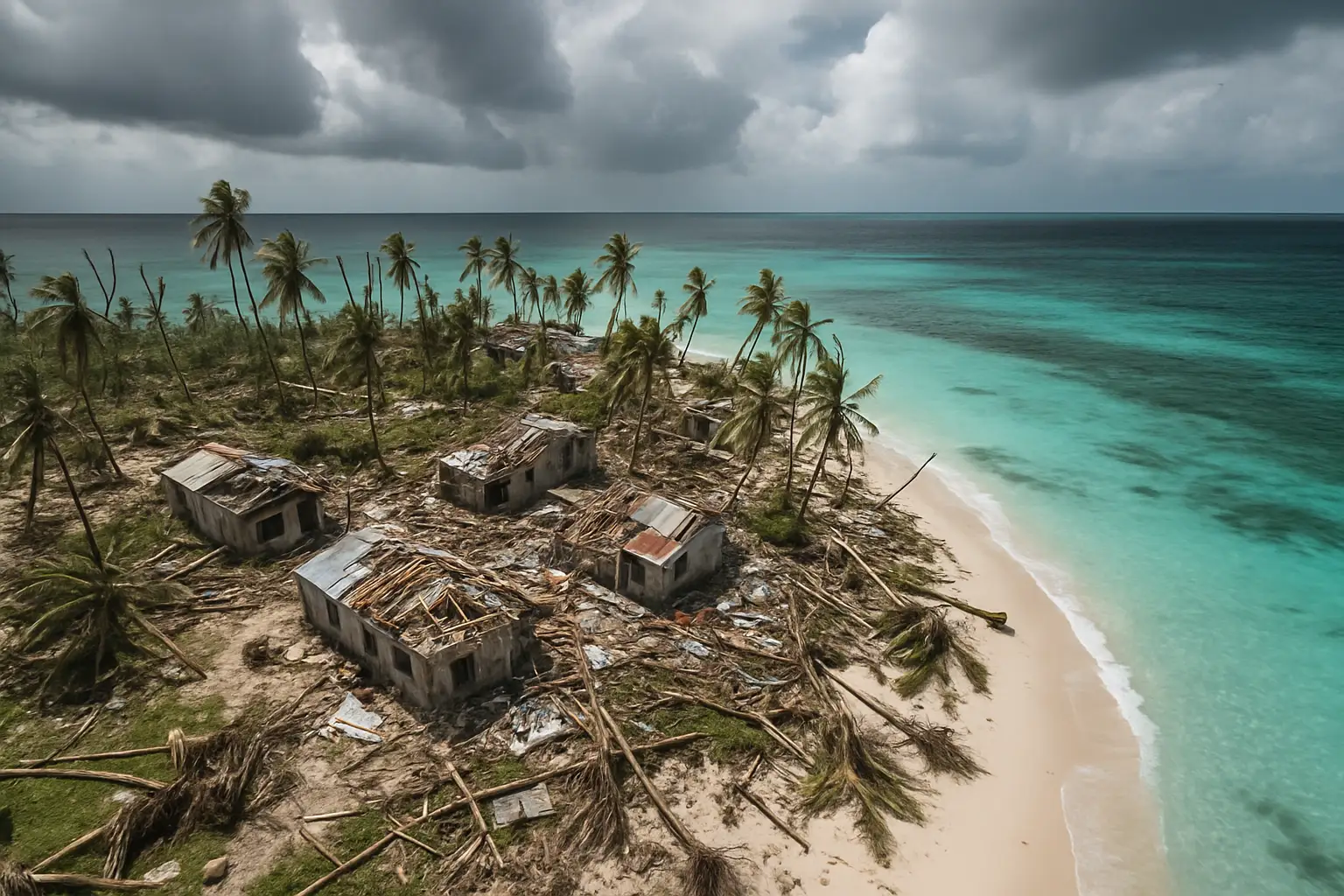 Aerial view of a Pacific island with storm damage after a super typhoon