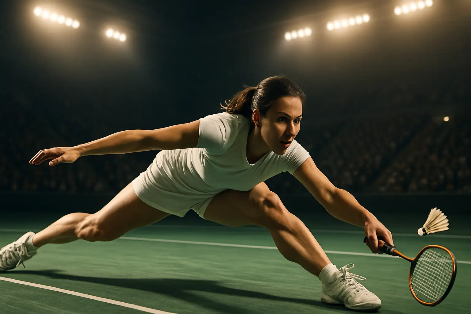 A female badminton player stretching low on a court to retrieve a shuttlecock during a competitive match