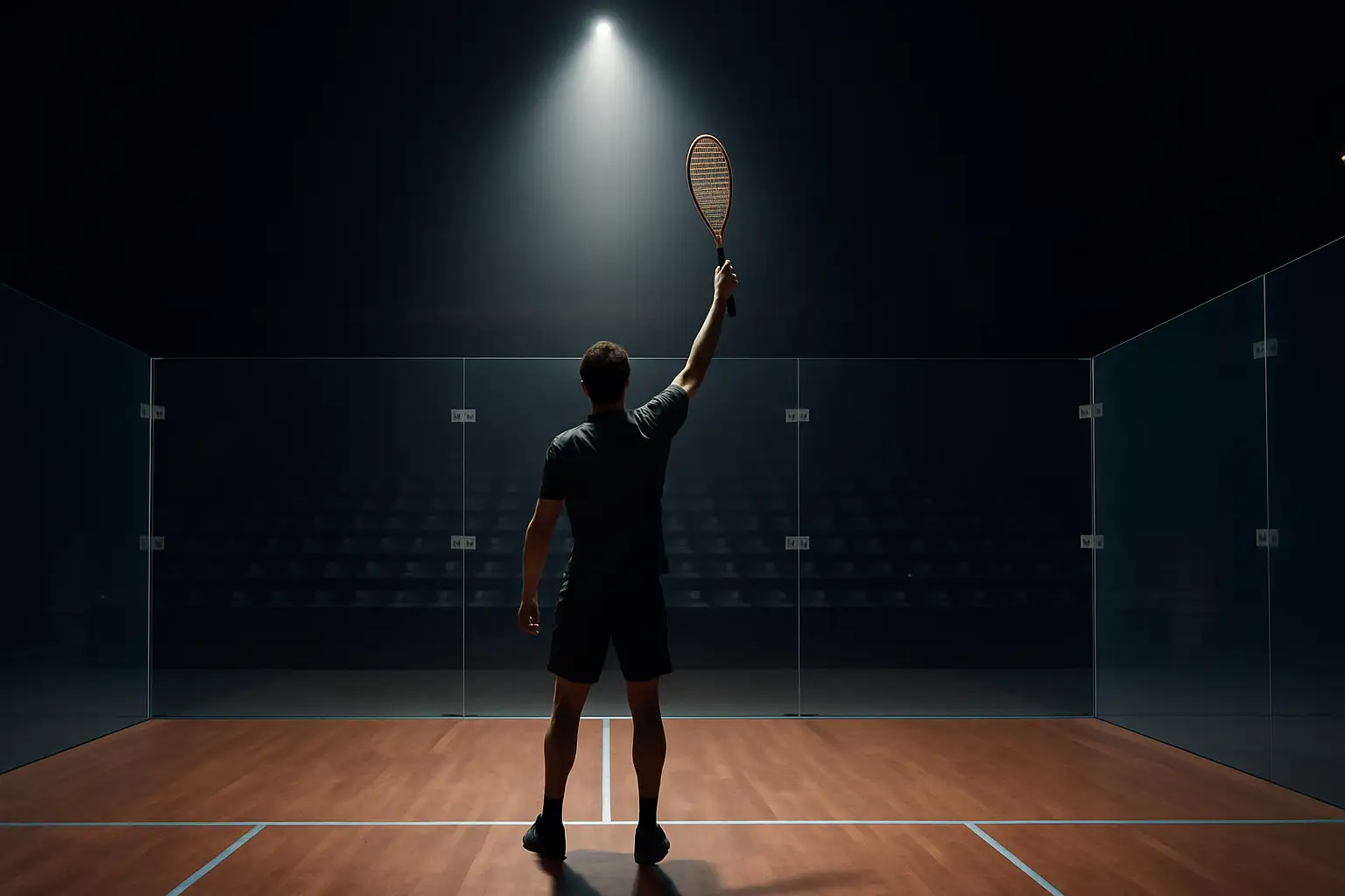 A squash player celebrates a tournament victory on court, racket raised
