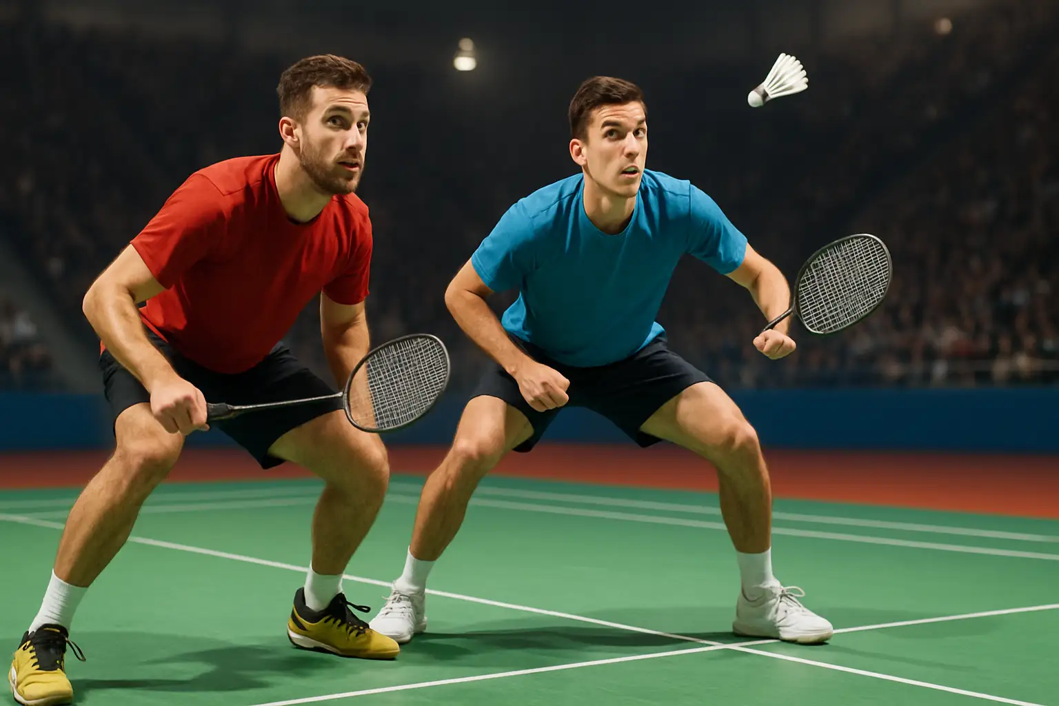 Two male badminton players practicing defensive formation on an indoor court