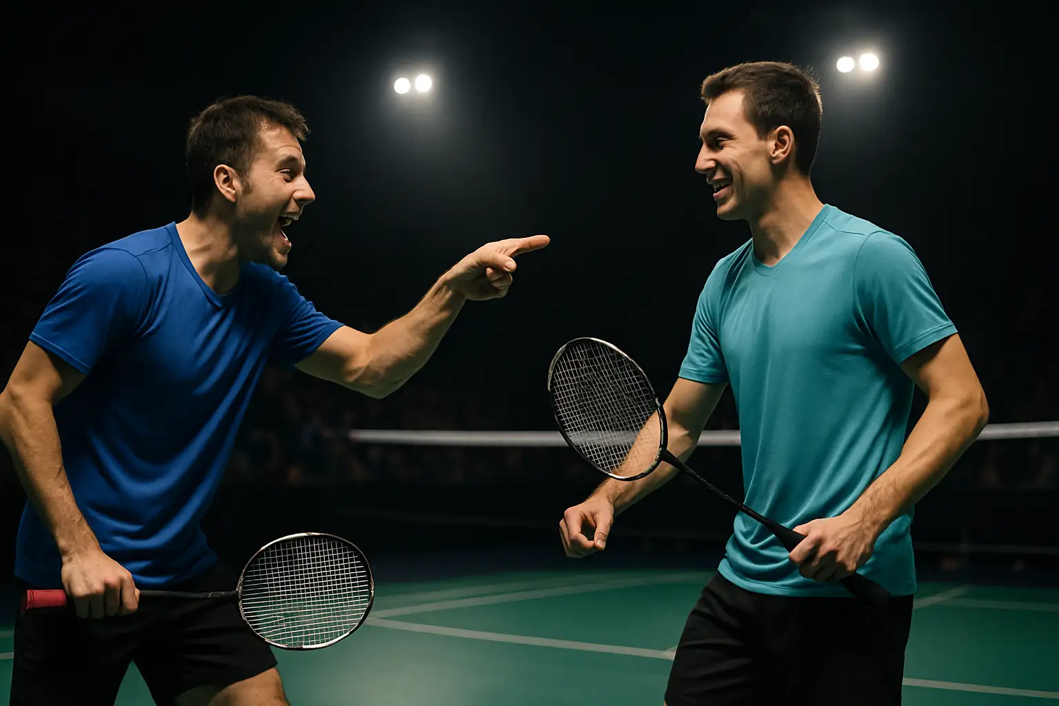 Two male badminton doubles players on a court celebrating a point with fists raised