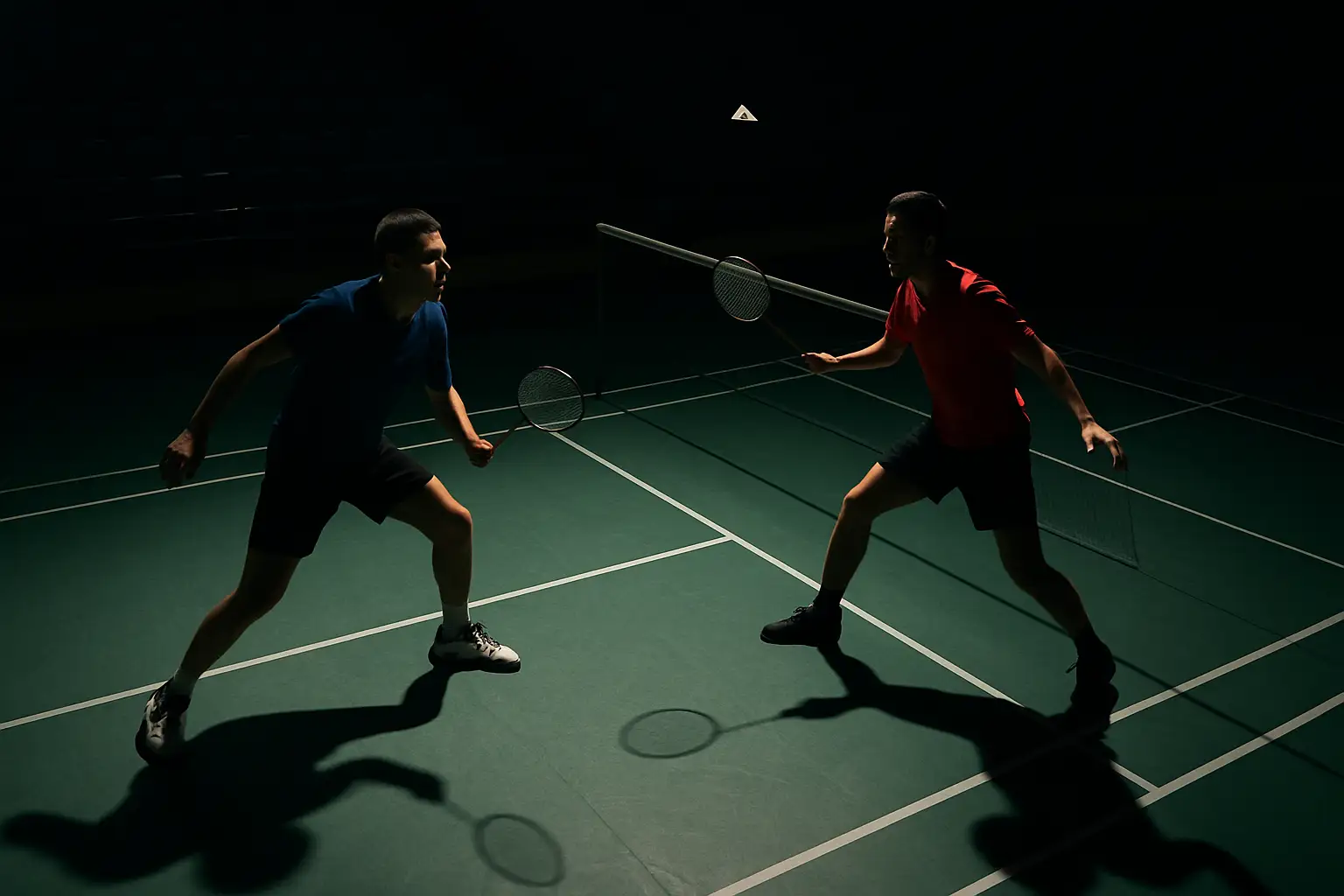 Two badminton players preparing to compete on an indoor court under bright stadium lighting