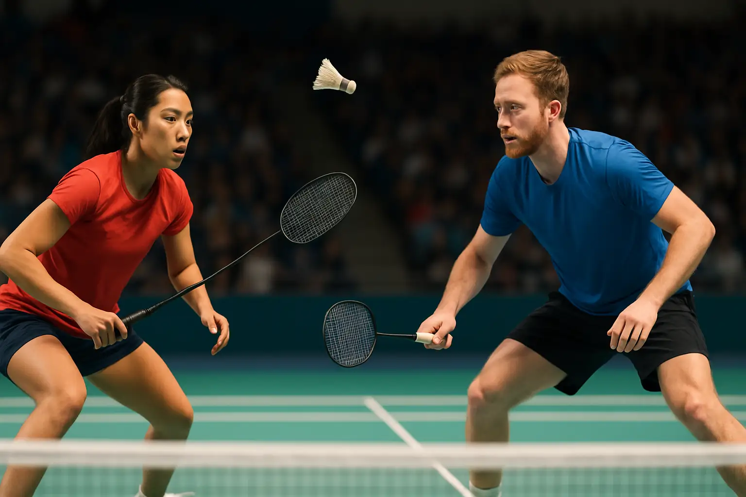 Two badminton players competing in a singles match on an indoor court