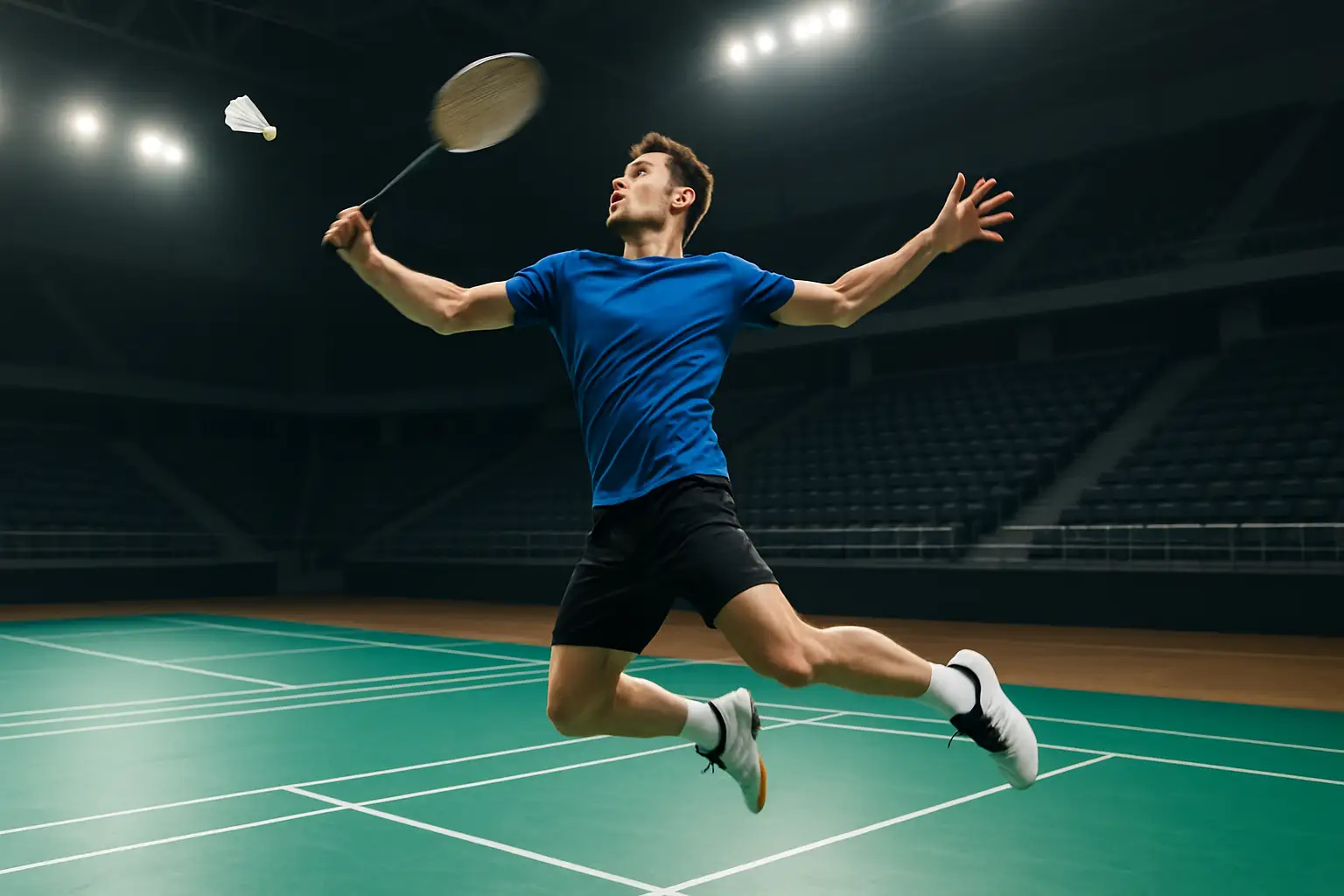 Indian badminton player in action on an indoor court during an international tournament