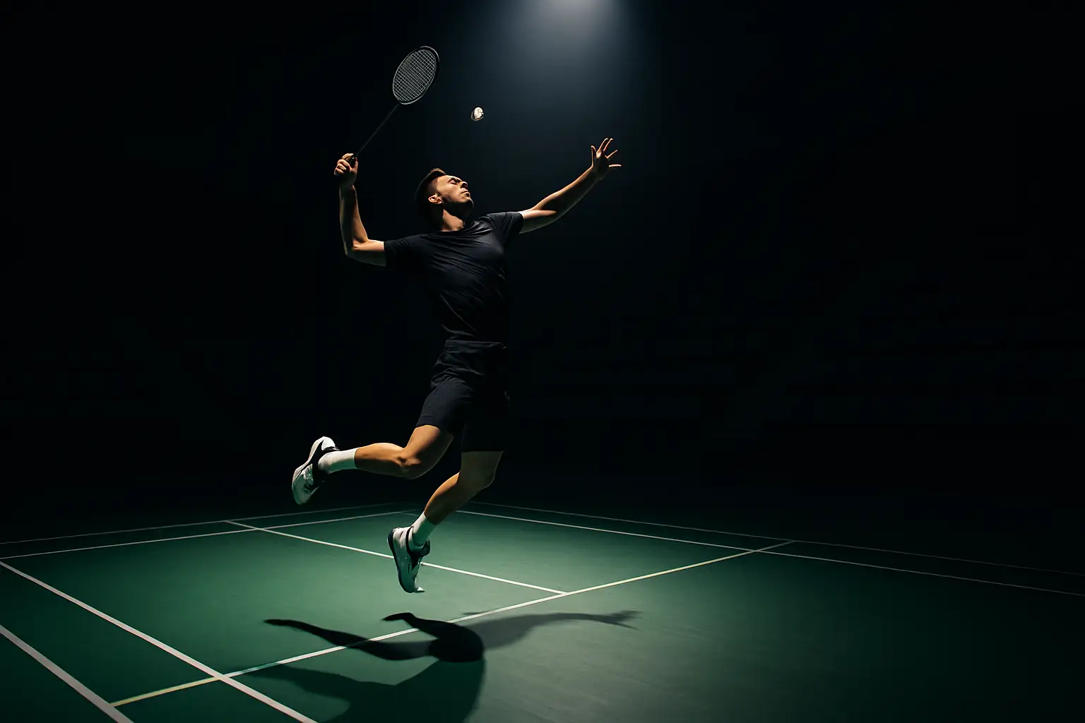Badminton player mid-smash during an international indoor tournament with a packed arena in the background