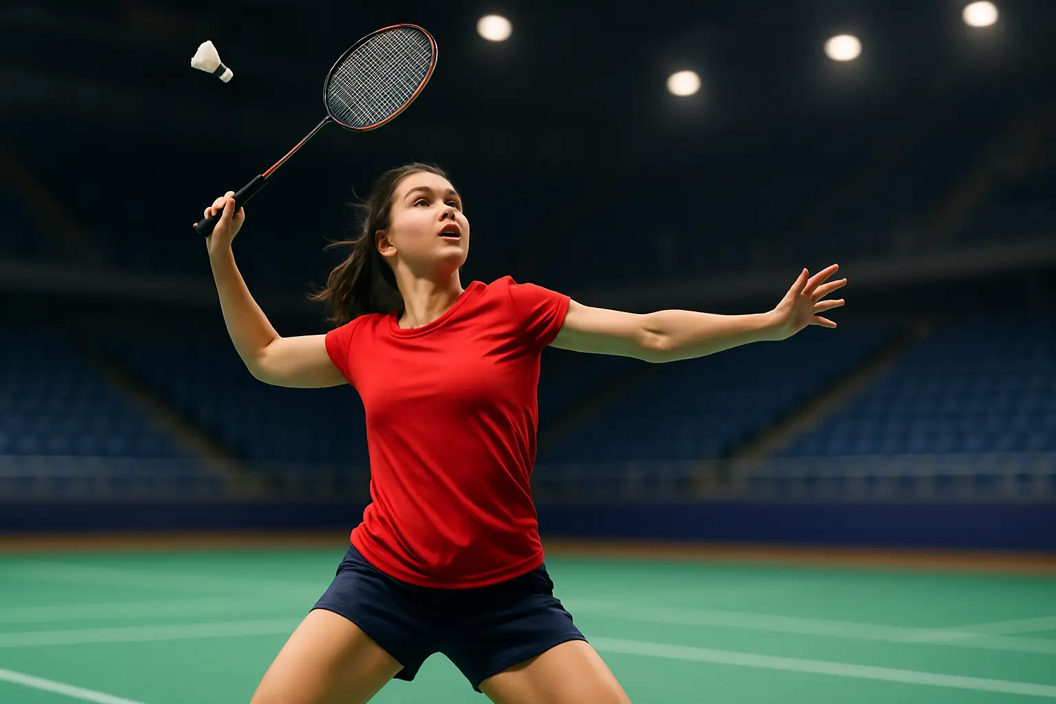 A female badminton player mid-swing on an indoor court during an international tournament