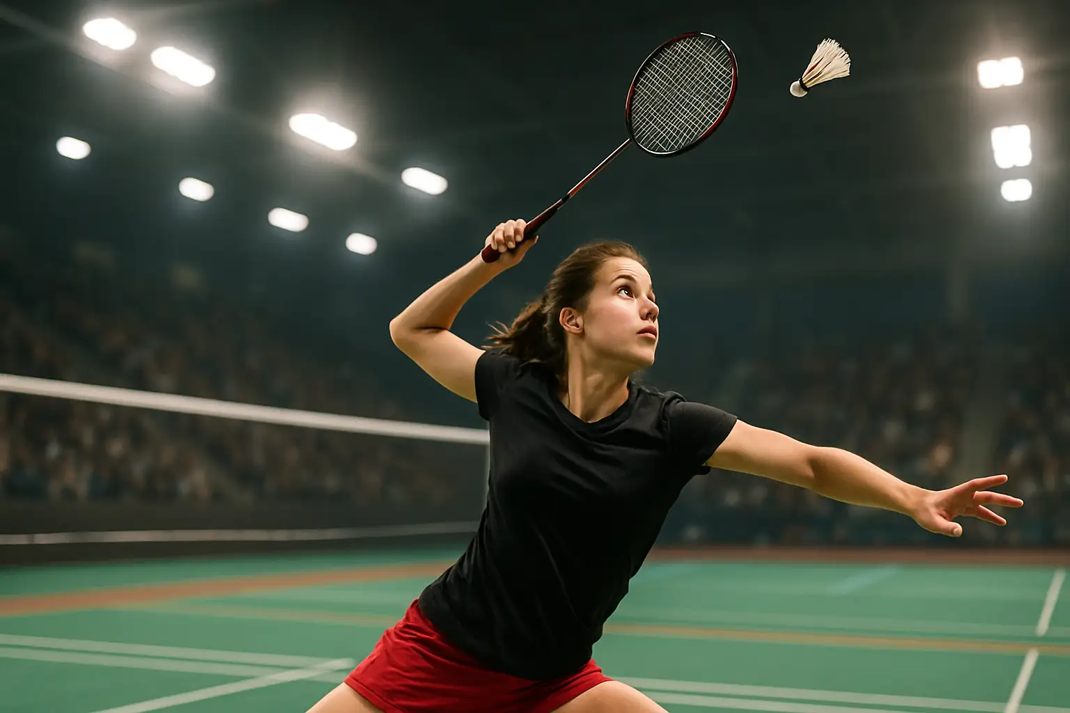 Indian female badminton player mid-smash on a well-lit indoor court