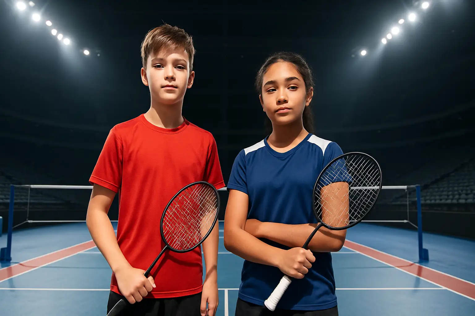 Young badminton players holding rackets on an indoor court before a team tournament