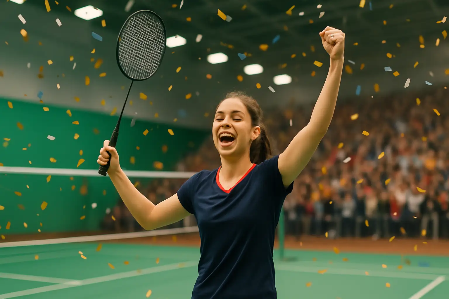 Young female badminton player celebrating a championship win on an indoor court