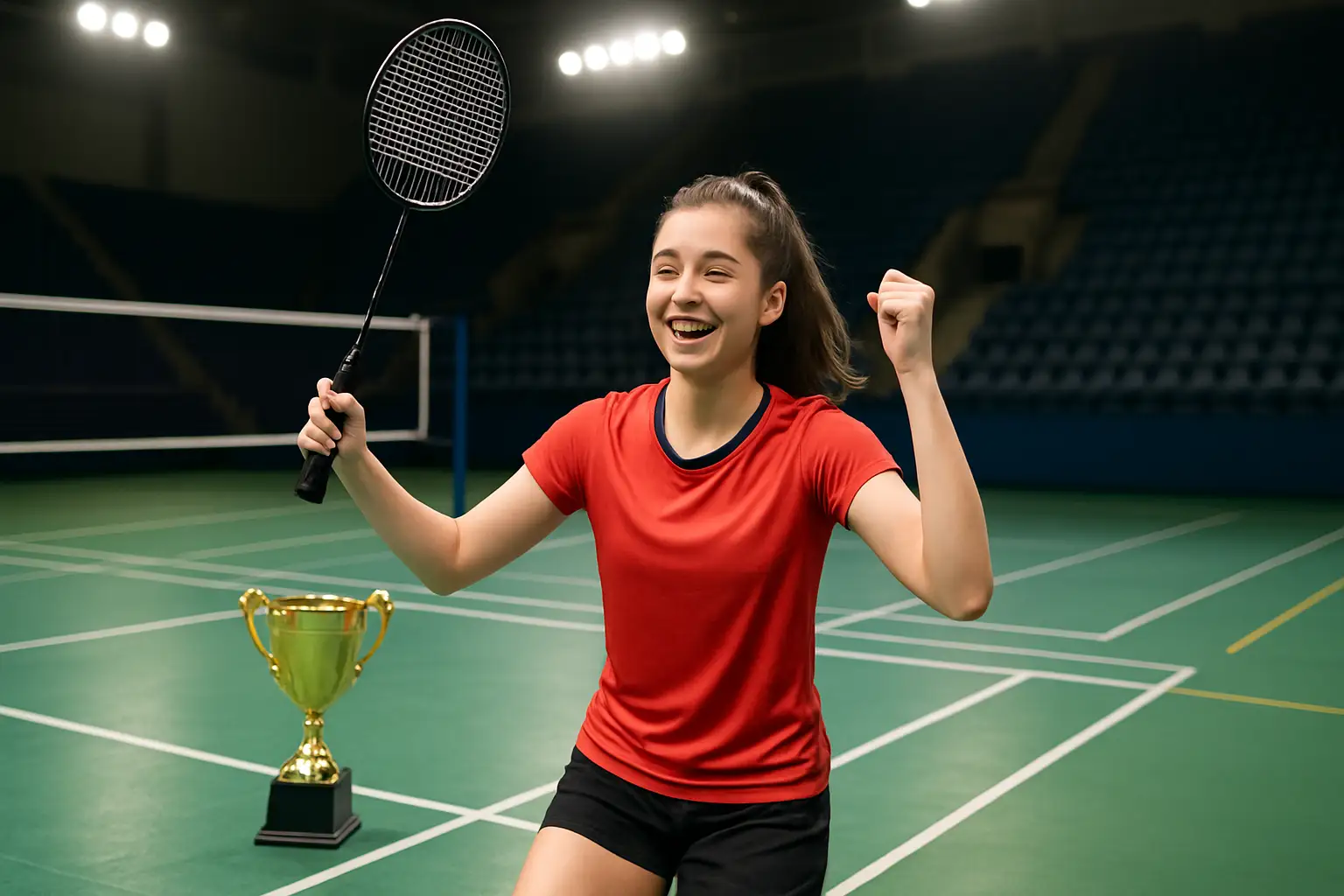 A young female badminton player celebrating a tournament victory on an indoor court