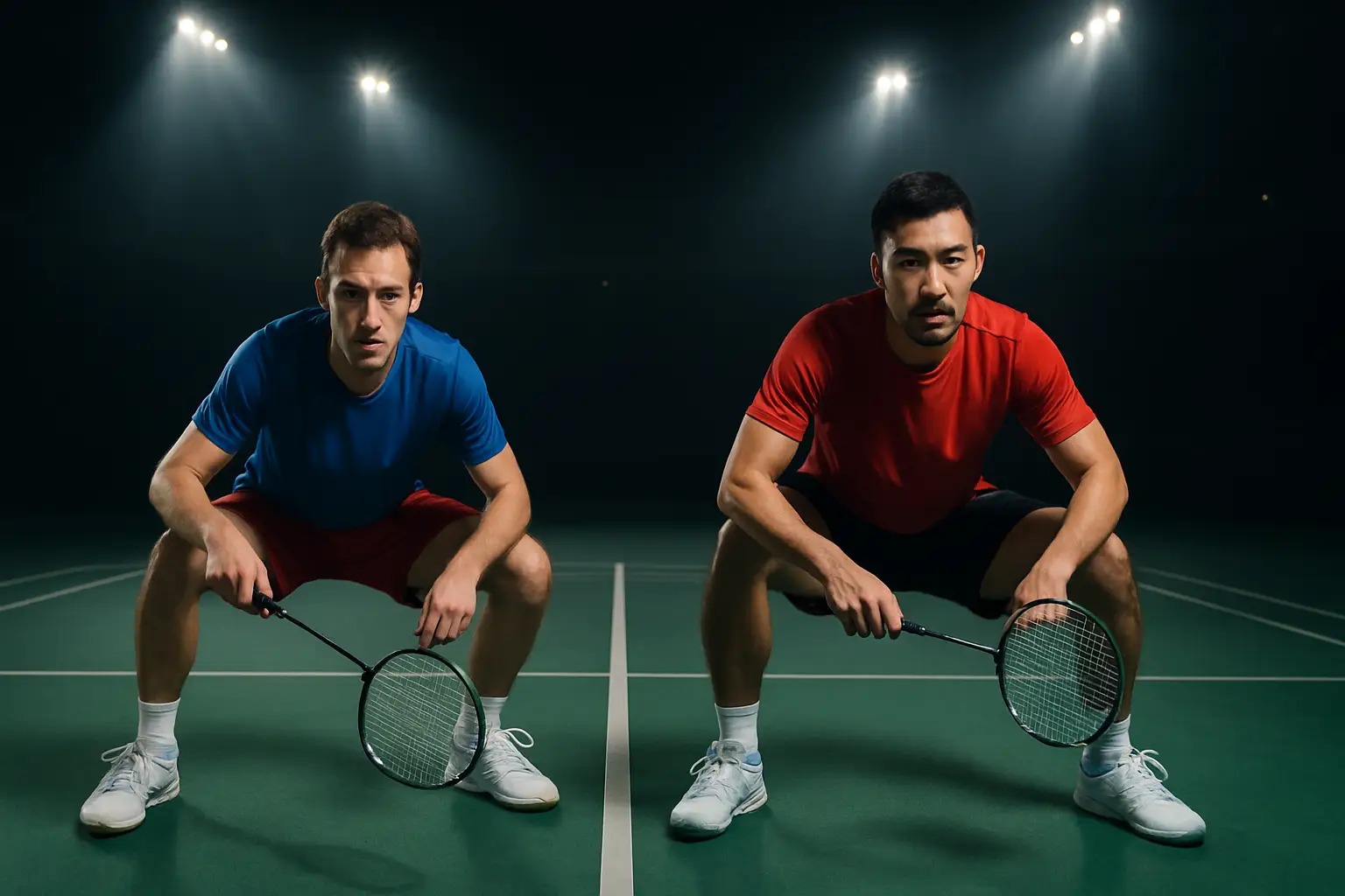 Two male badminton players preparing to serve on an indoor court under bright stadium lights