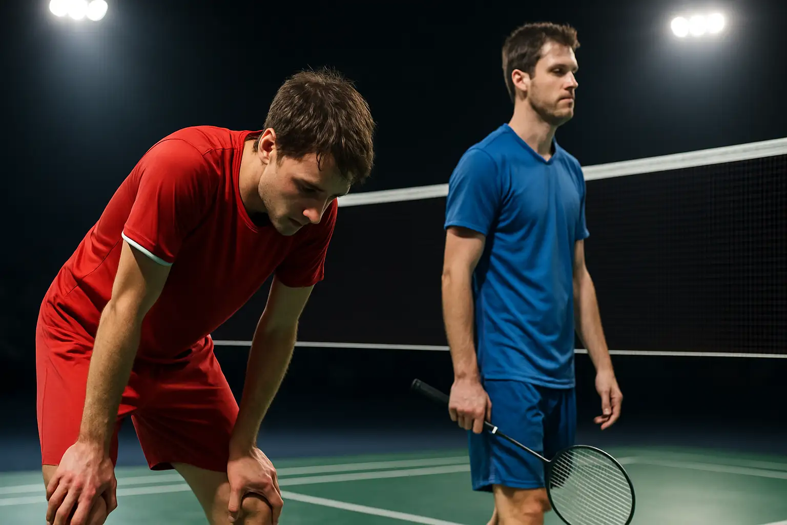 Two badminton players on a court after a semifinal match, heads bowed in disappointment