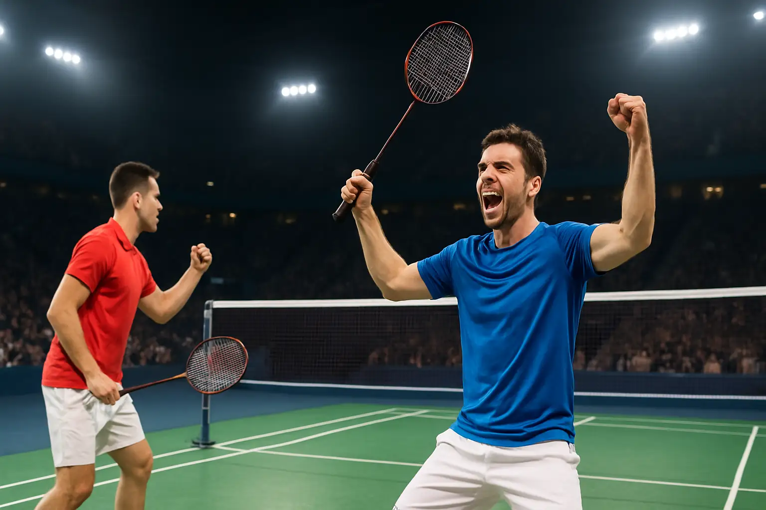 Two male badminton players on a professional indoor court celebrating a point during a doubles match