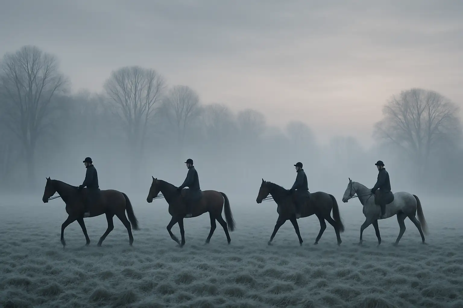Hunt riders on horseback moving through a frost-covered countryside field in winter