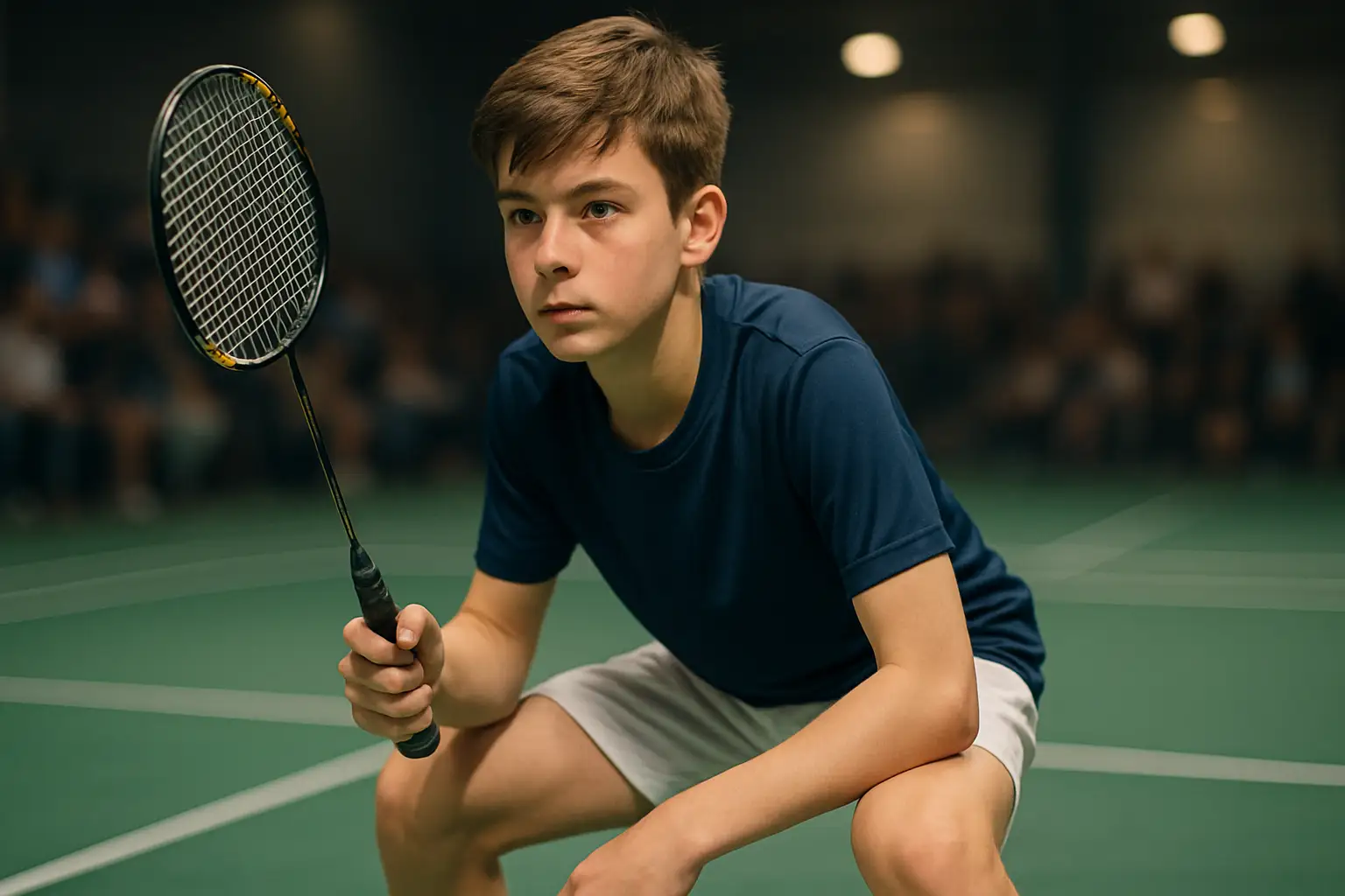 Young badminton player preparing to serve during a junior tournament match