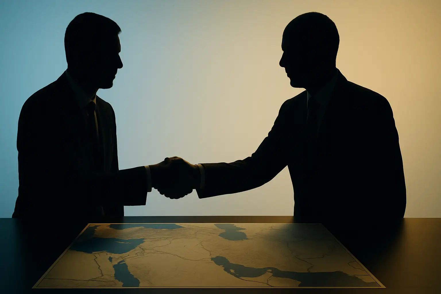 Diplomatic handshake over a map of the Middle East with symbolic olive branch
