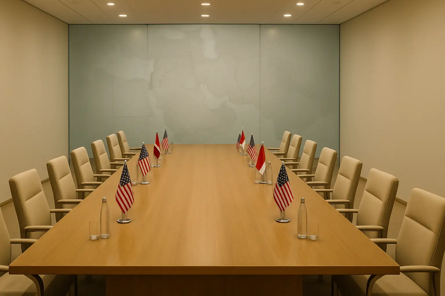 Diplomatic meeting room with flags and a negotiating table representing Middle East peace talks