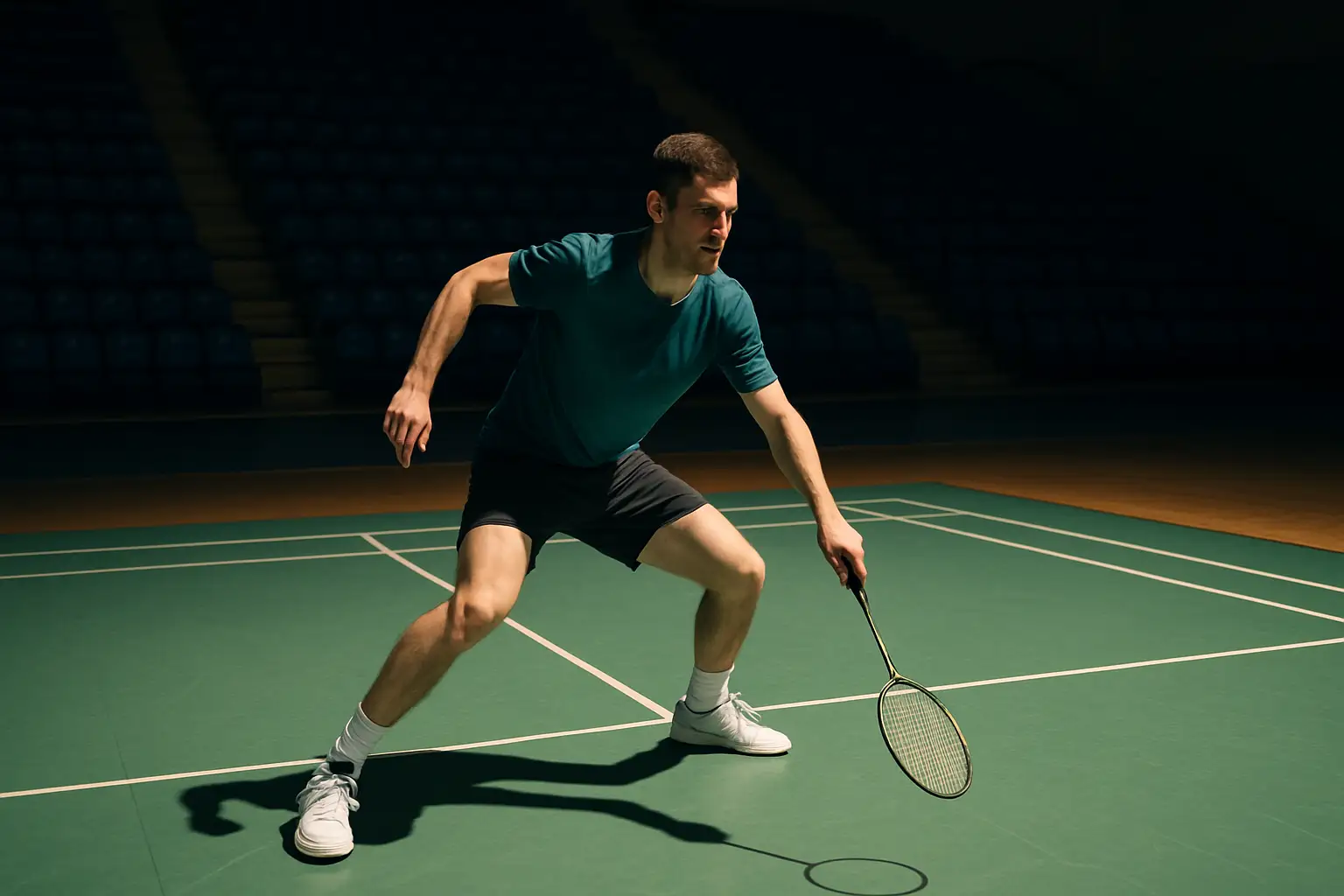 A young male badminton player in training gear practicing footwork drills on an indoor court