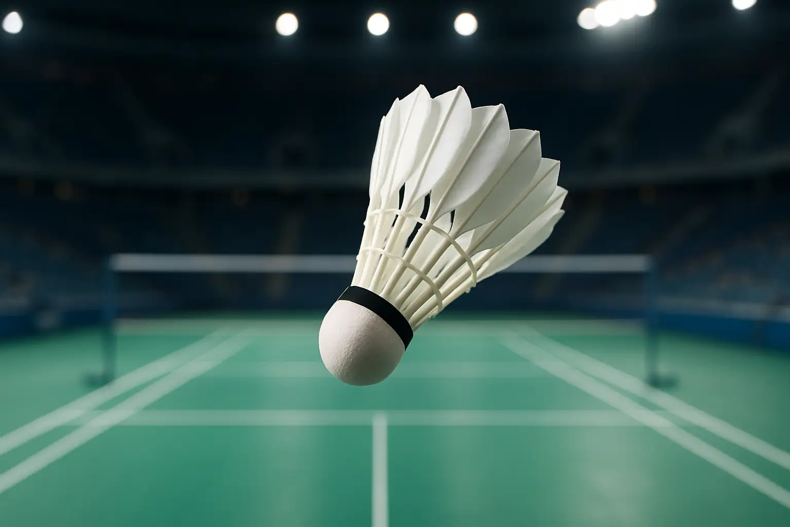 A badminton shuttlecock mid-flight above a well-lit indoor court with empty stands in the background