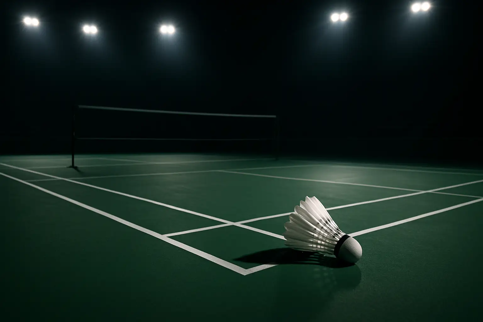 A badminton shuttlecock on an empty indoor court with stadium lighting