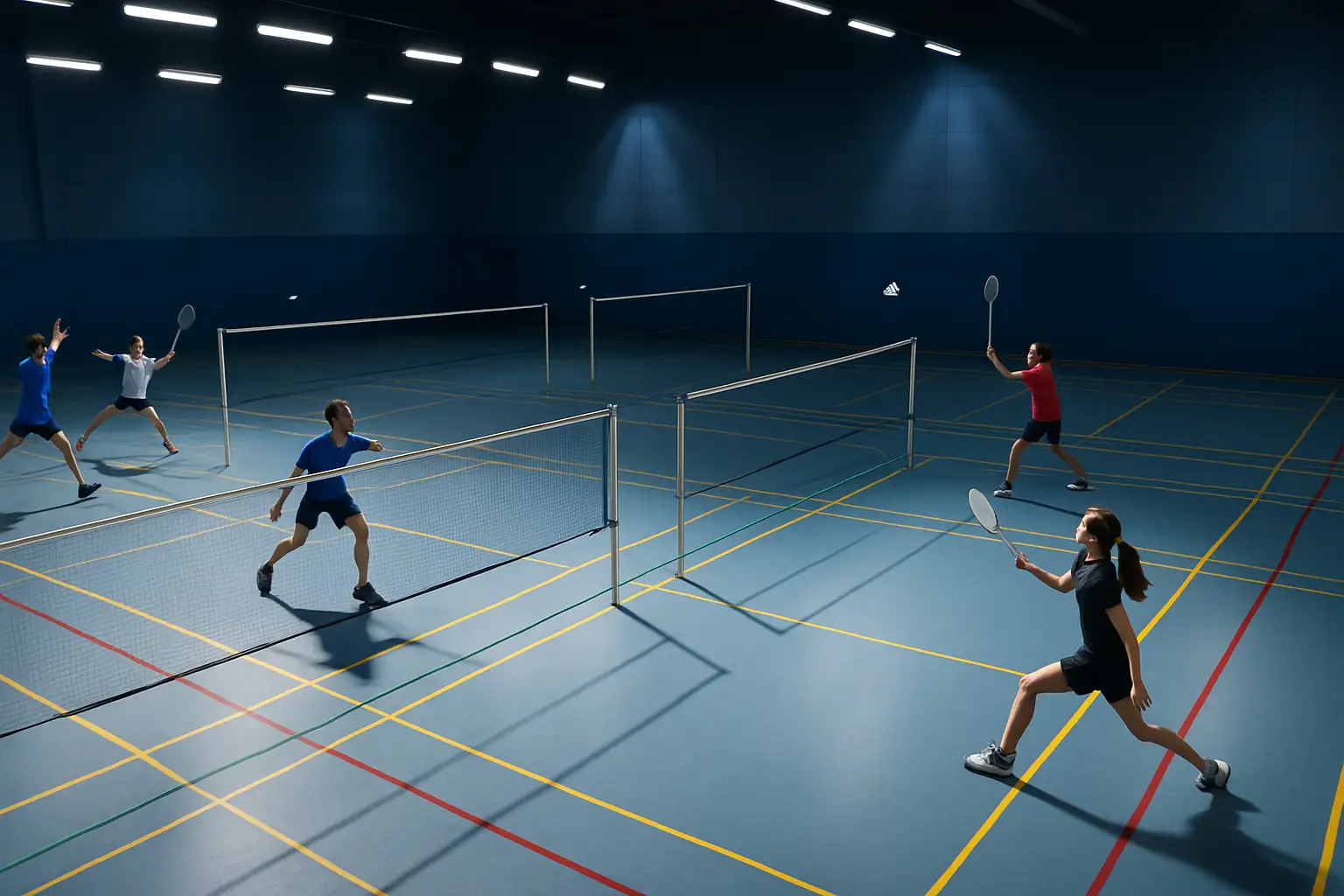Young badminton players competing in a national junior tournament inside a large indoor sports hall