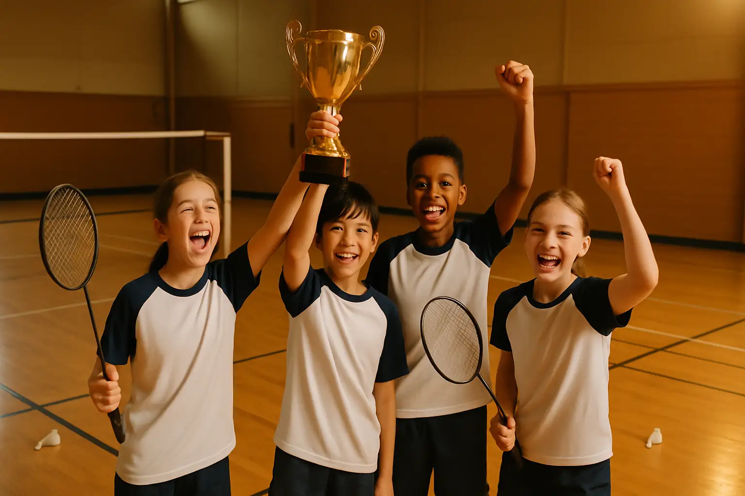 School badminton players celebrating a championship title on an indoor court