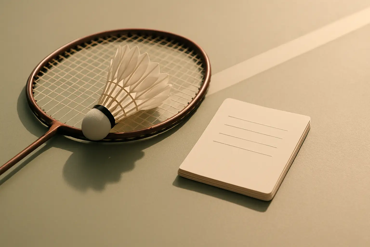 A badminton racket and shuttlecock resting on a court beside a small notepad with three handwritten statements
