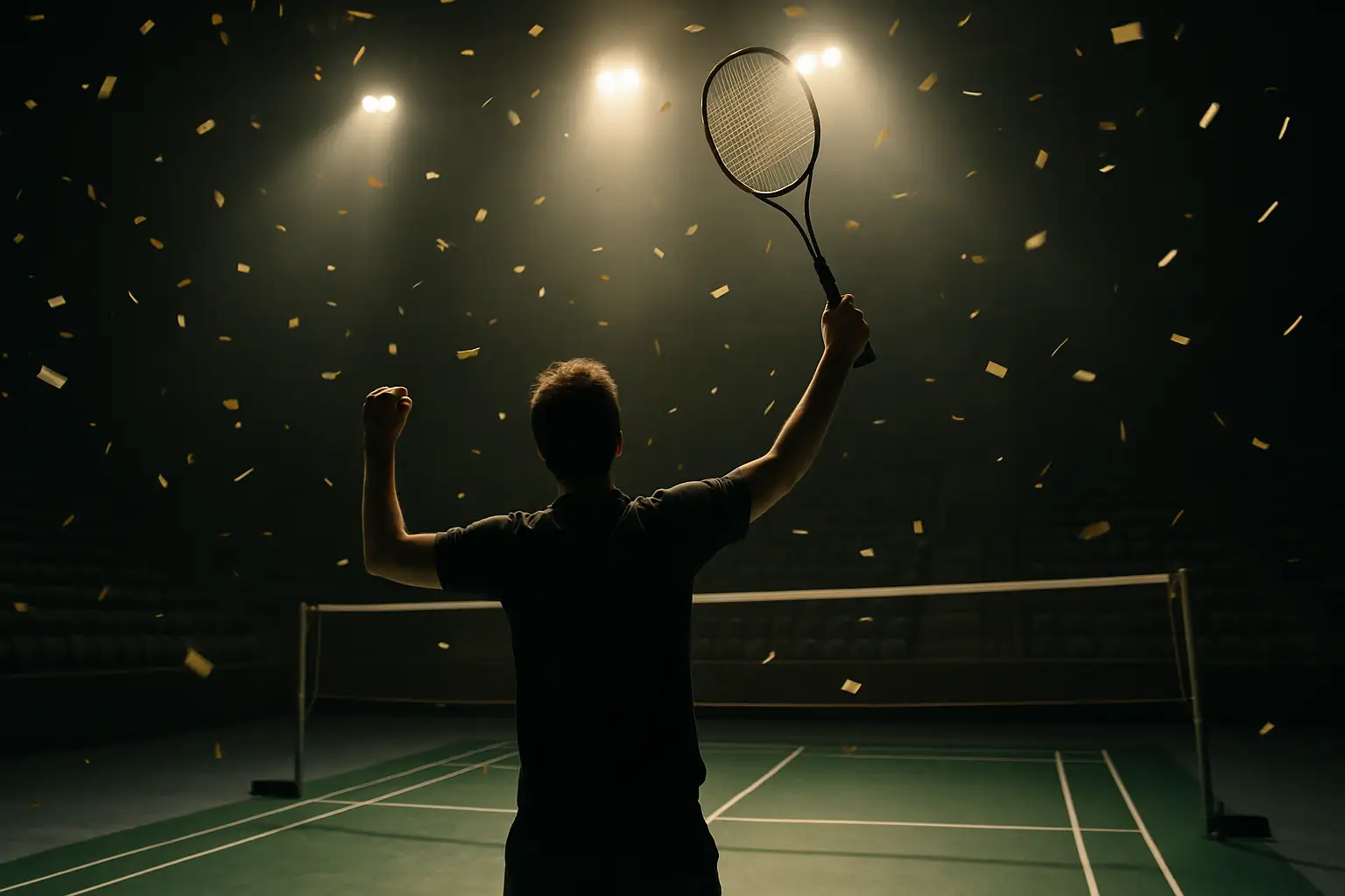 A badminton player celebrating a championship win on a floodlit indoor court