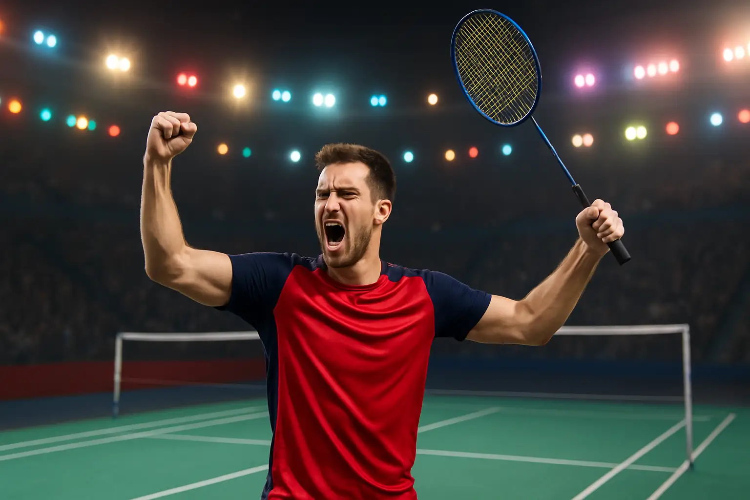 Canadian badminton player celebrating a world championship bronze medal on court