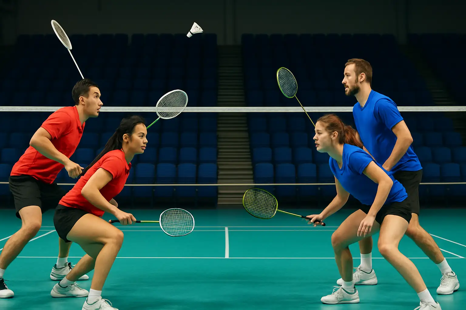 Two male badminton players competing in a doubles match on an indoor court in South Korea