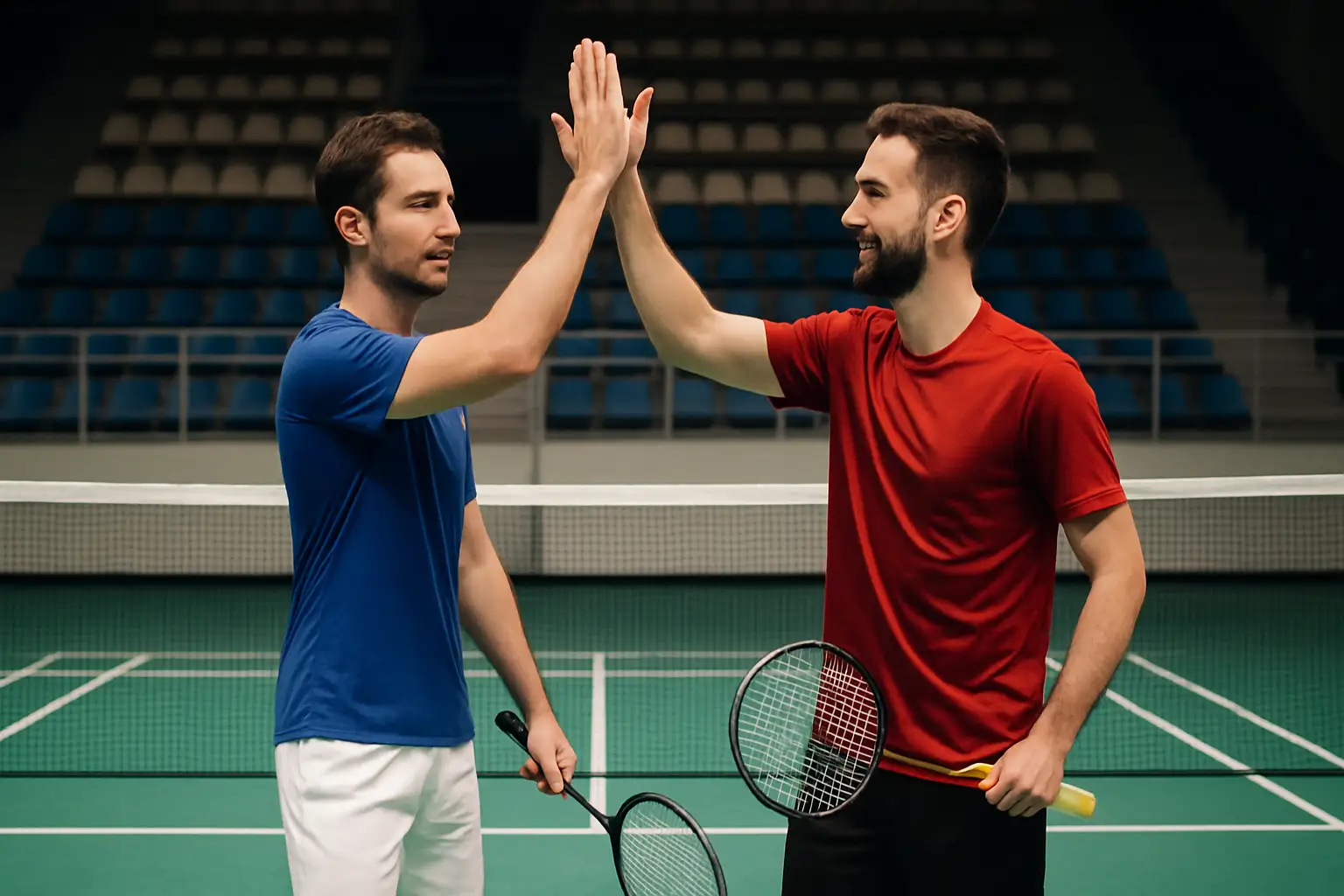Two male badminton players celebrating on an indoor court after winning a doubles match