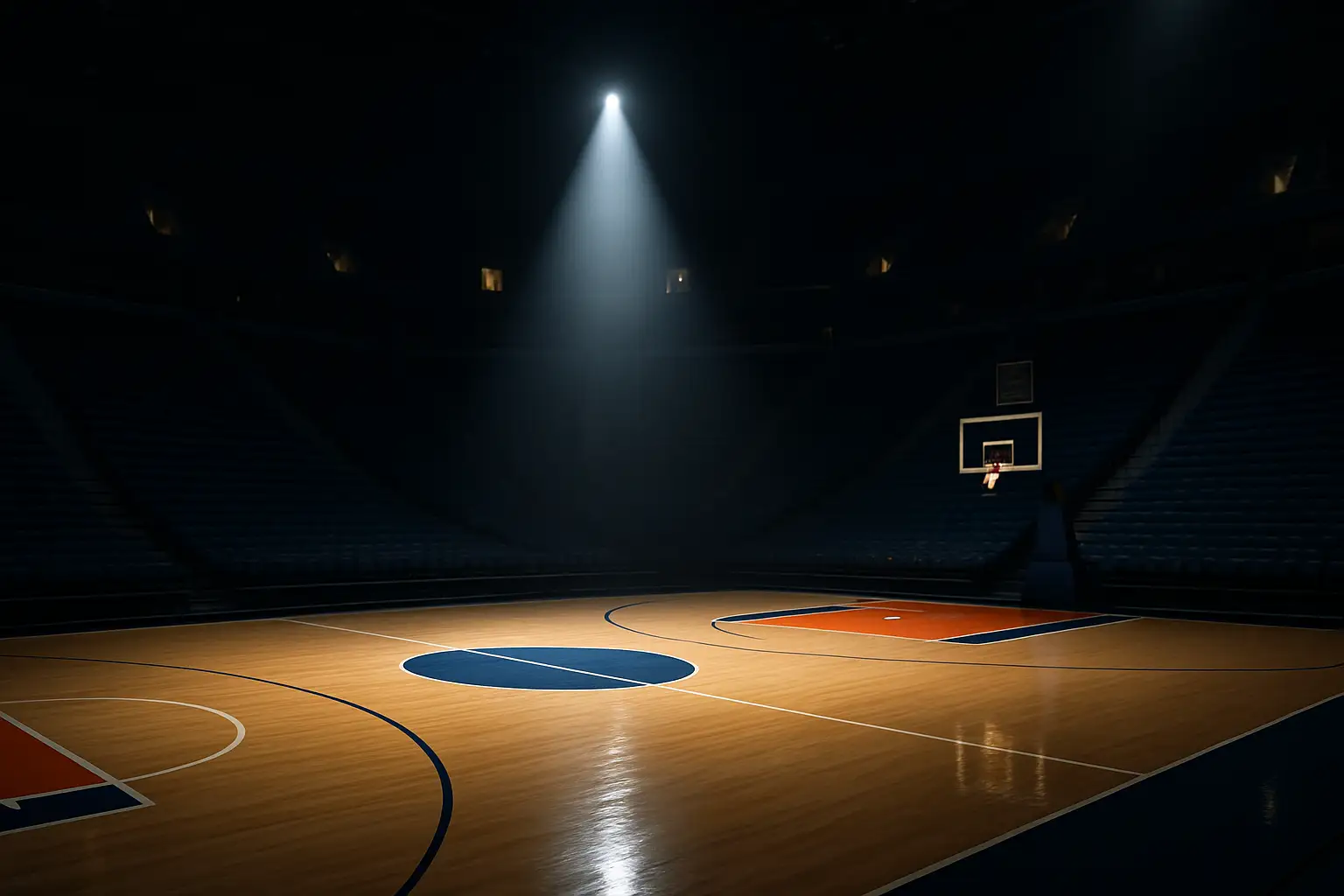 A basketball arena with a spotlight illuminating the center court logo at night