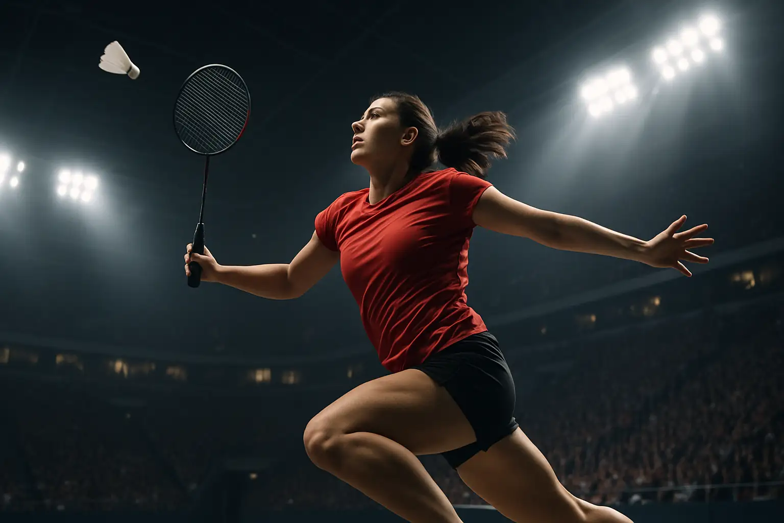 Badminton player in action during a women's singles match at a major indoor arena