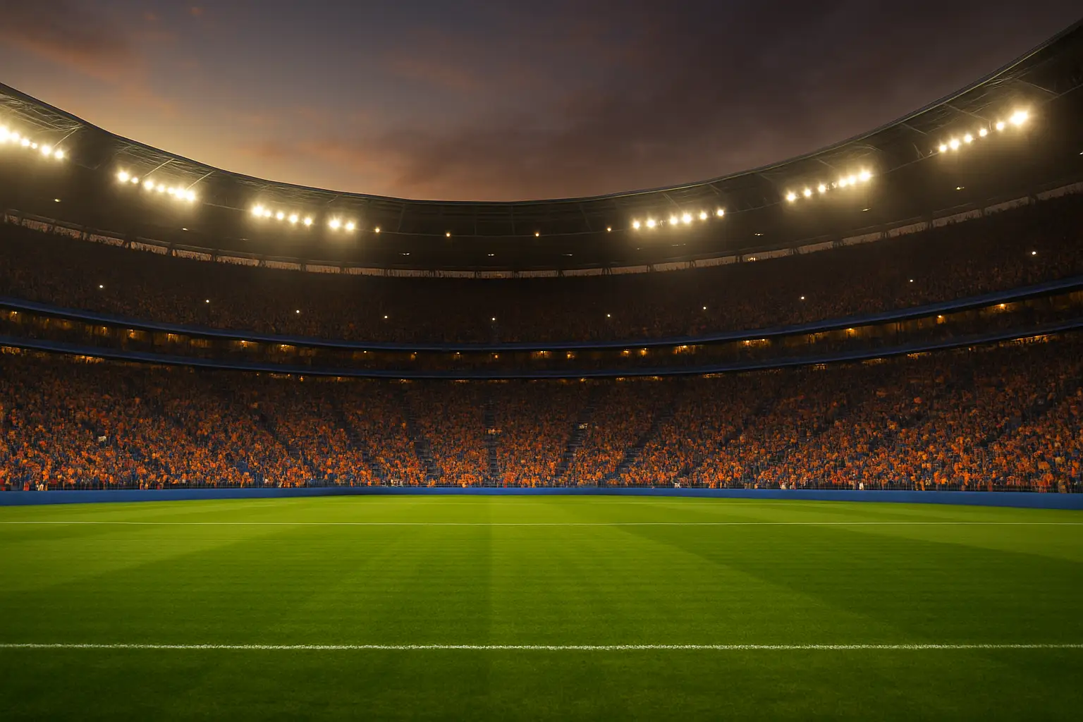 A soccer ball resting on a grass field inside a large stadium filled with fans waving flags