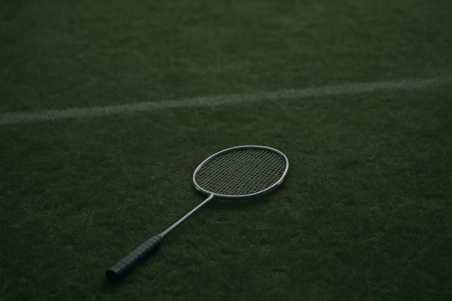 A badminton racket lying on a grass lawn near a court boundary line