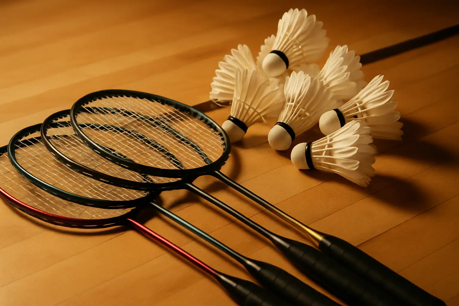 Yonex badminton rackets and shuttlecocks arranged on a court surface