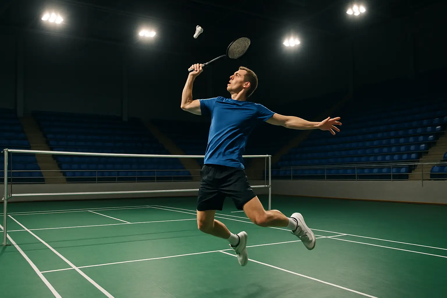 Badminton player mid-smash on an indoor court during a senior ranking tournament
