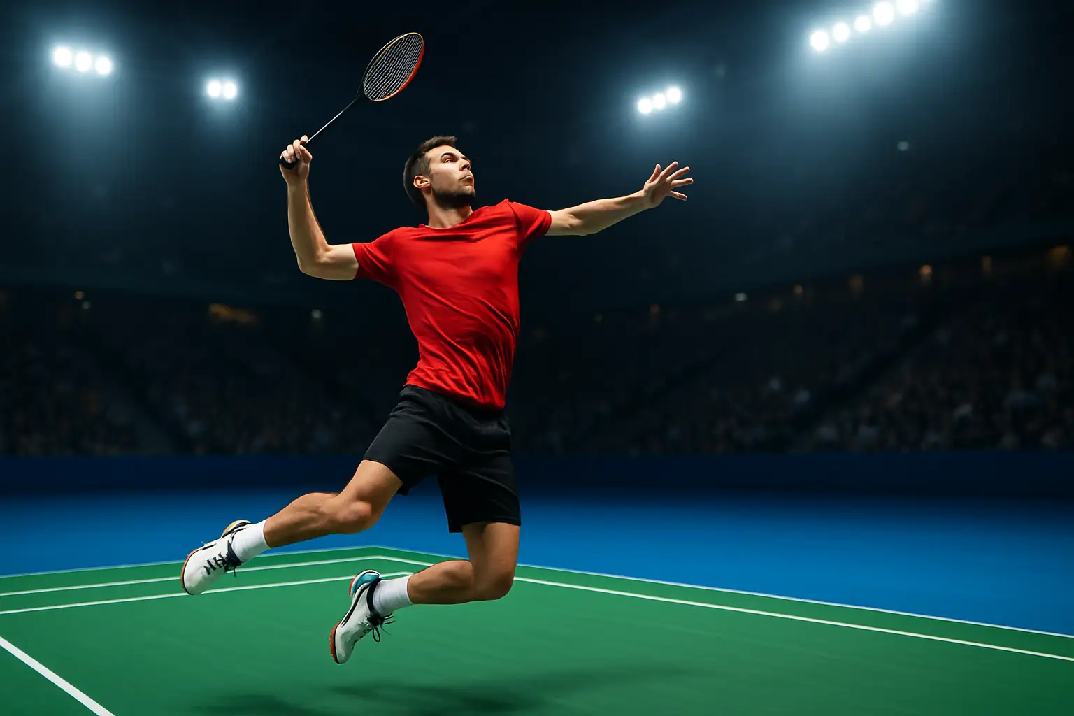 Badminton player mid-smash on an indoor court with bright arena lighting during a major tournament