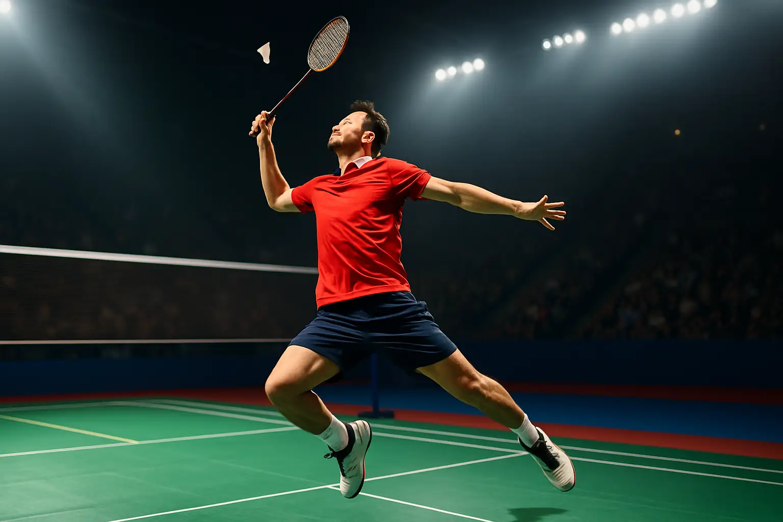 Badminton player mid-jump smashing a shuttlecock during a competitive indoor tournament match