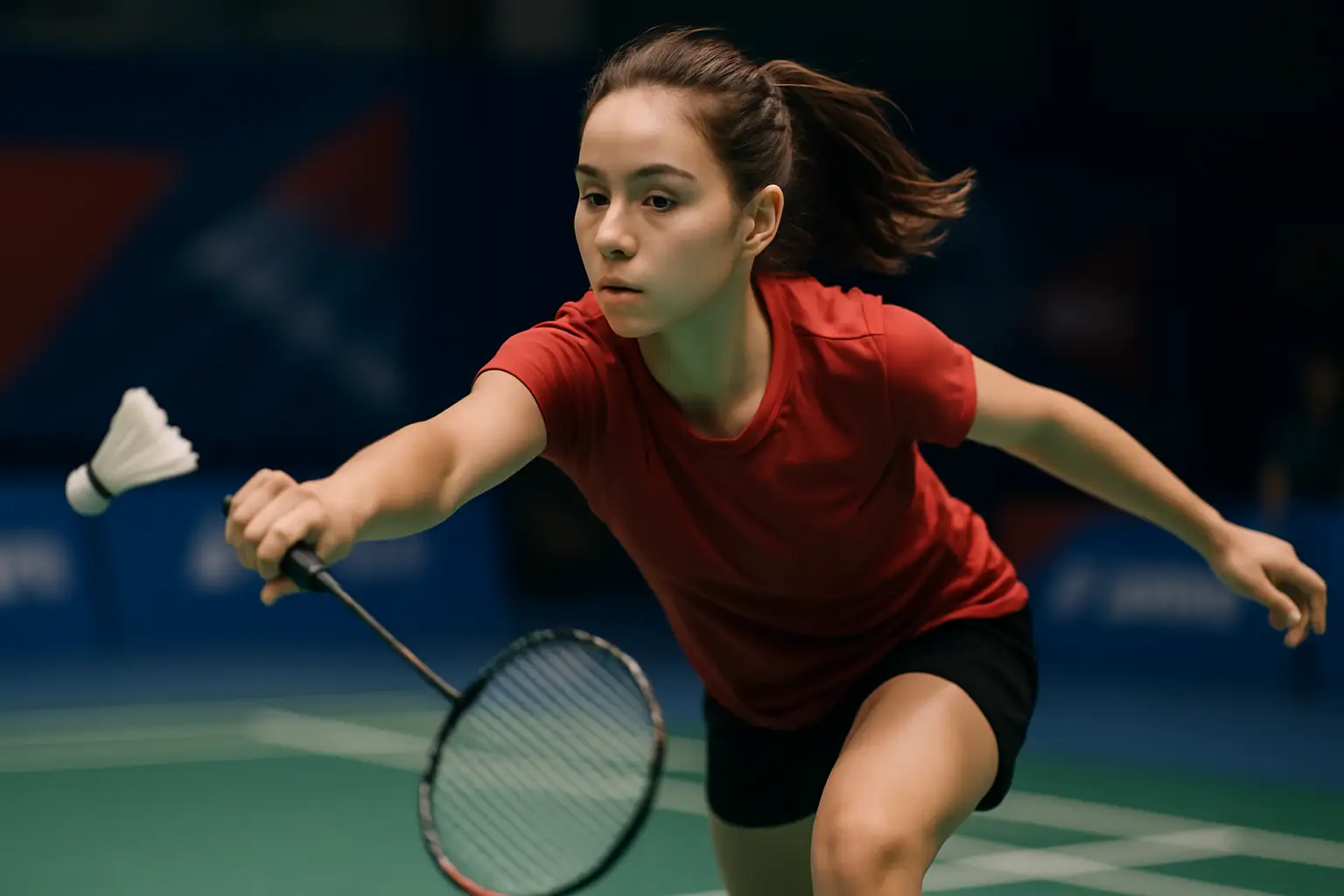 Young female badminton player in action on an indoor court during a junior championship match