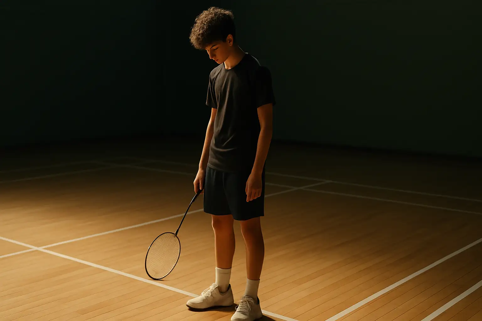 A young badminton player stands on court holding a racket, looking reflective after a match