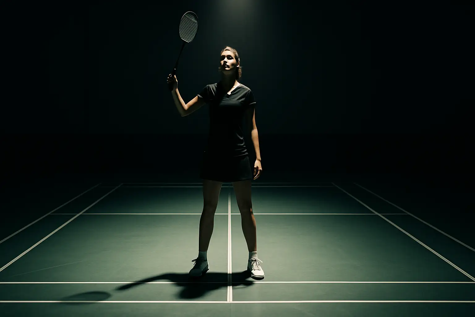 A female badminton player preparing to serve on an indoor court, focused and composed