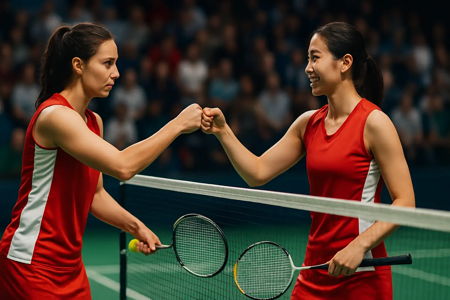 Two female badminton players celebrating on court during an Asian championship tournament