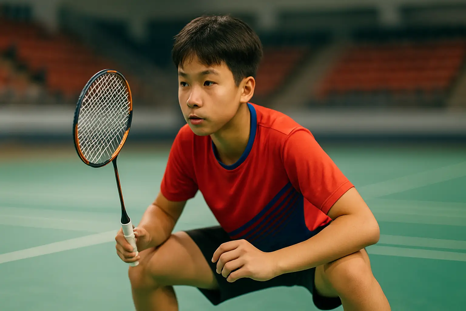 Young badminton player preparing to serve on an indoor court during a junior championship tournament