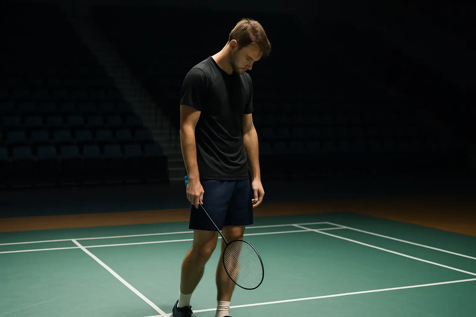 A badminton player looking dejected on an indoor court after a semi-final loss
