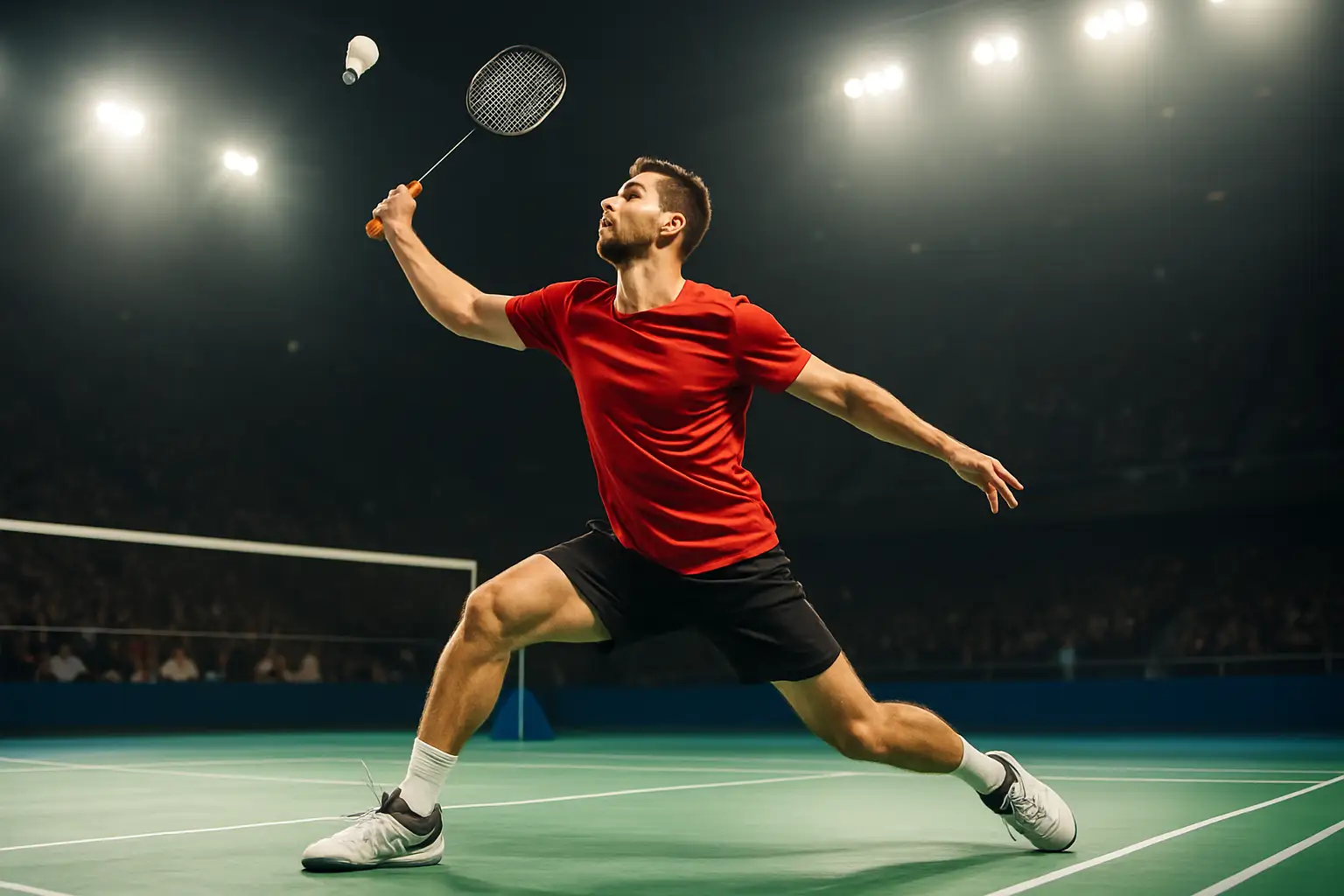 A male badminton player in action mid-smash on an indoor court with stadium lighting