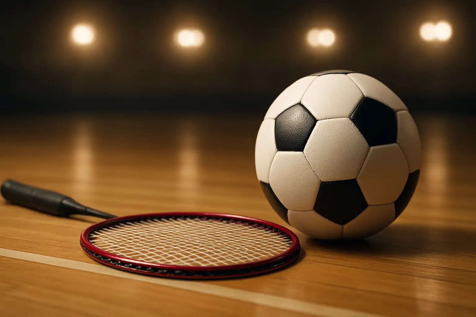 A badminton racket resting beside a football on a court surface