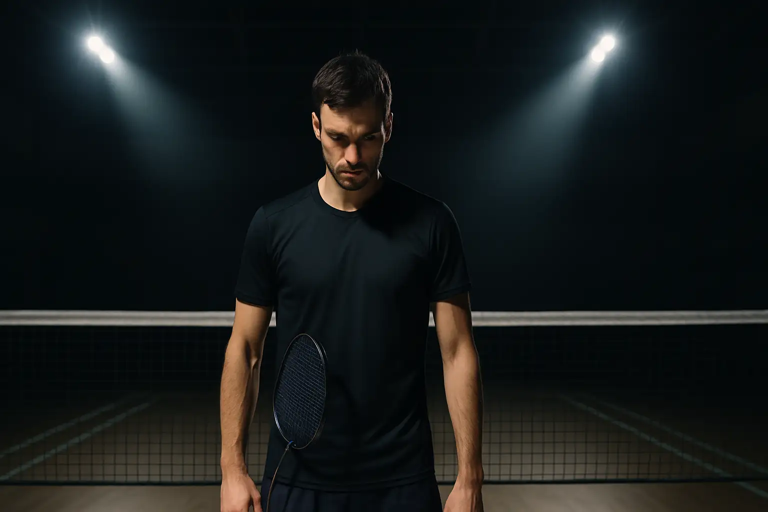 A badminton player standing on court holding a racket, looking focused and composed after a match
