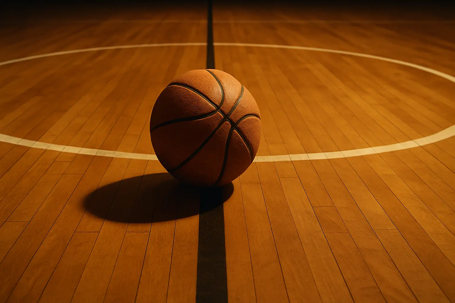 A worn basketball resting on a classic hardwood gym floor under vintage arena lighting