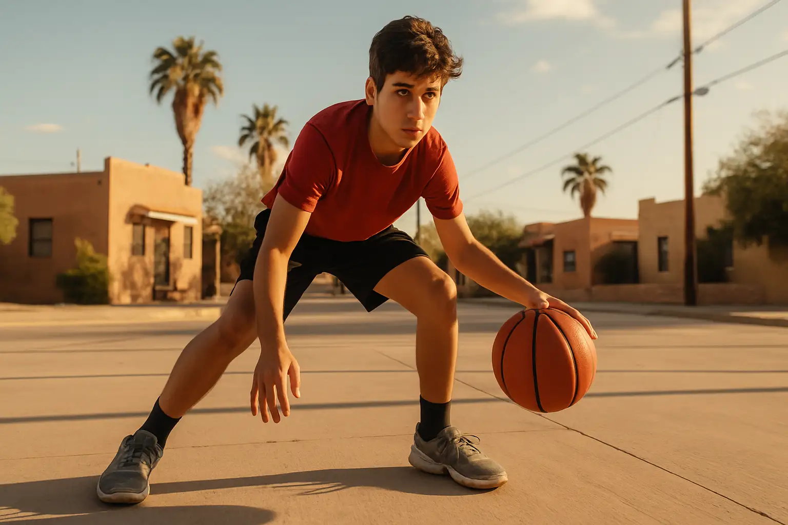 Young basketball player dribbling on an outdoor court in an urban setting
